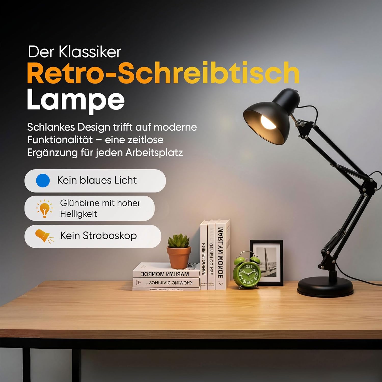 Retro Schreibtischlampe - Vintage Arbeitslampe mit Gelenk-Arm & LED