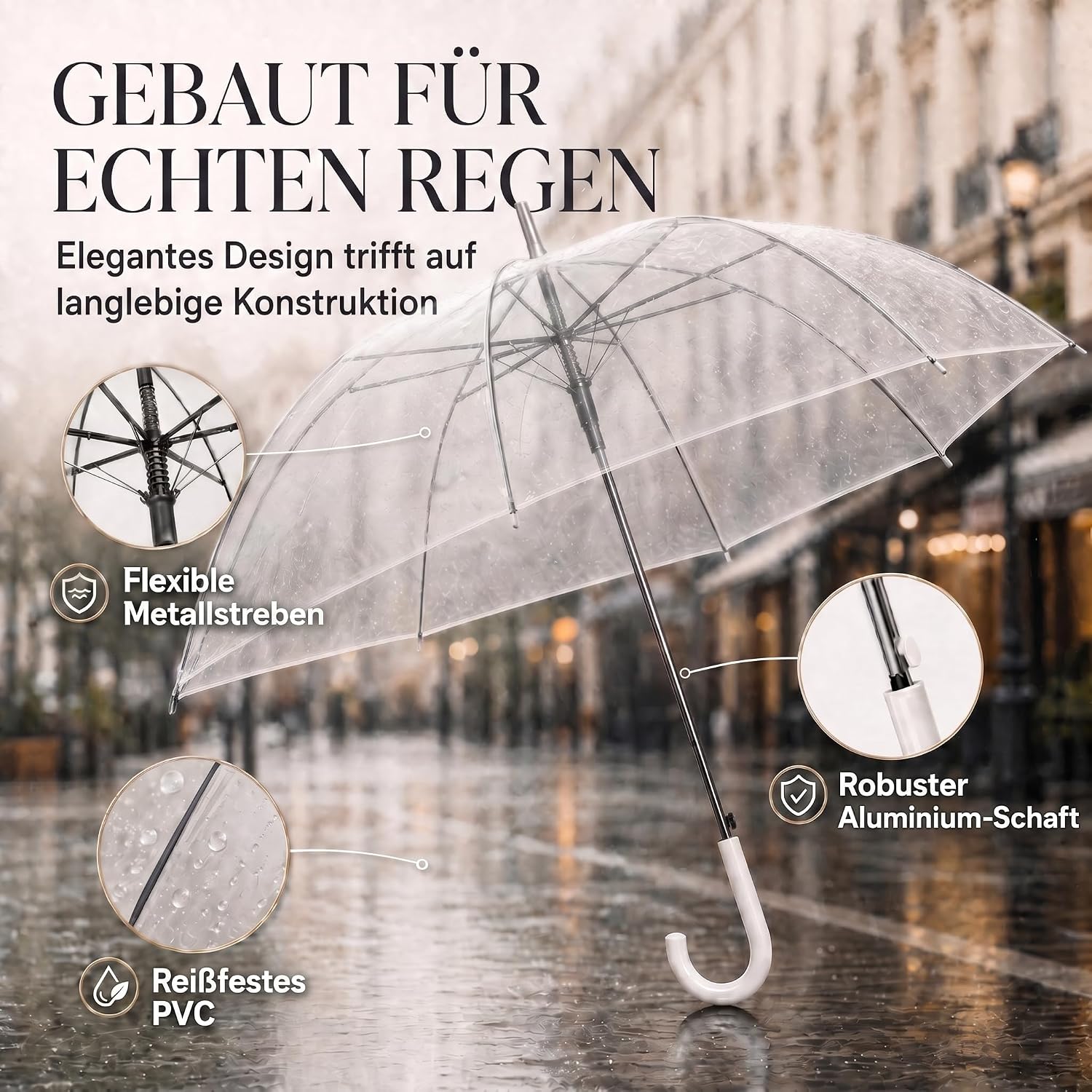 Transparenter Regenschirm 100cm - Durchsichtiger Stockschirm Elegant