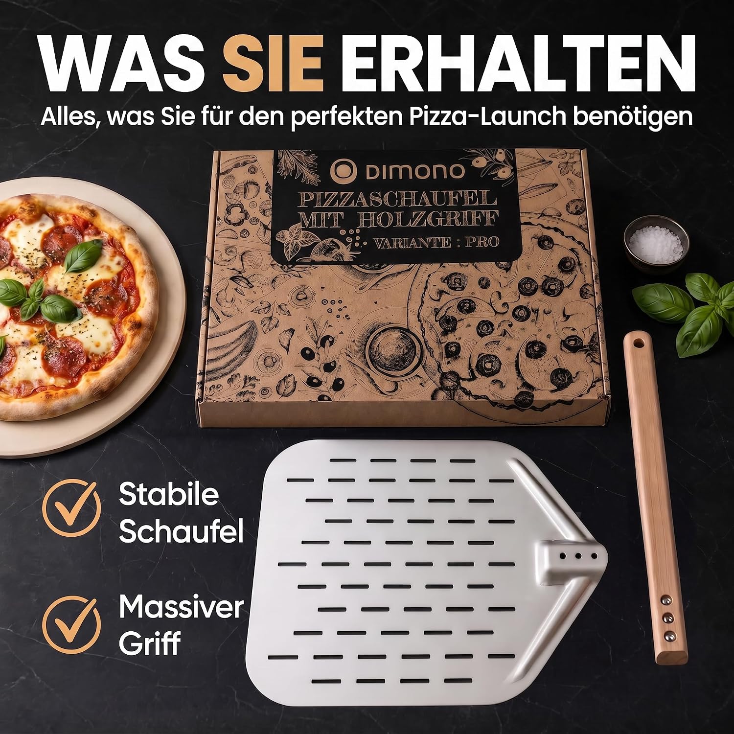 Klappbare Pizzaschaufel mit Holzgriff & Aluminium-Schaufel