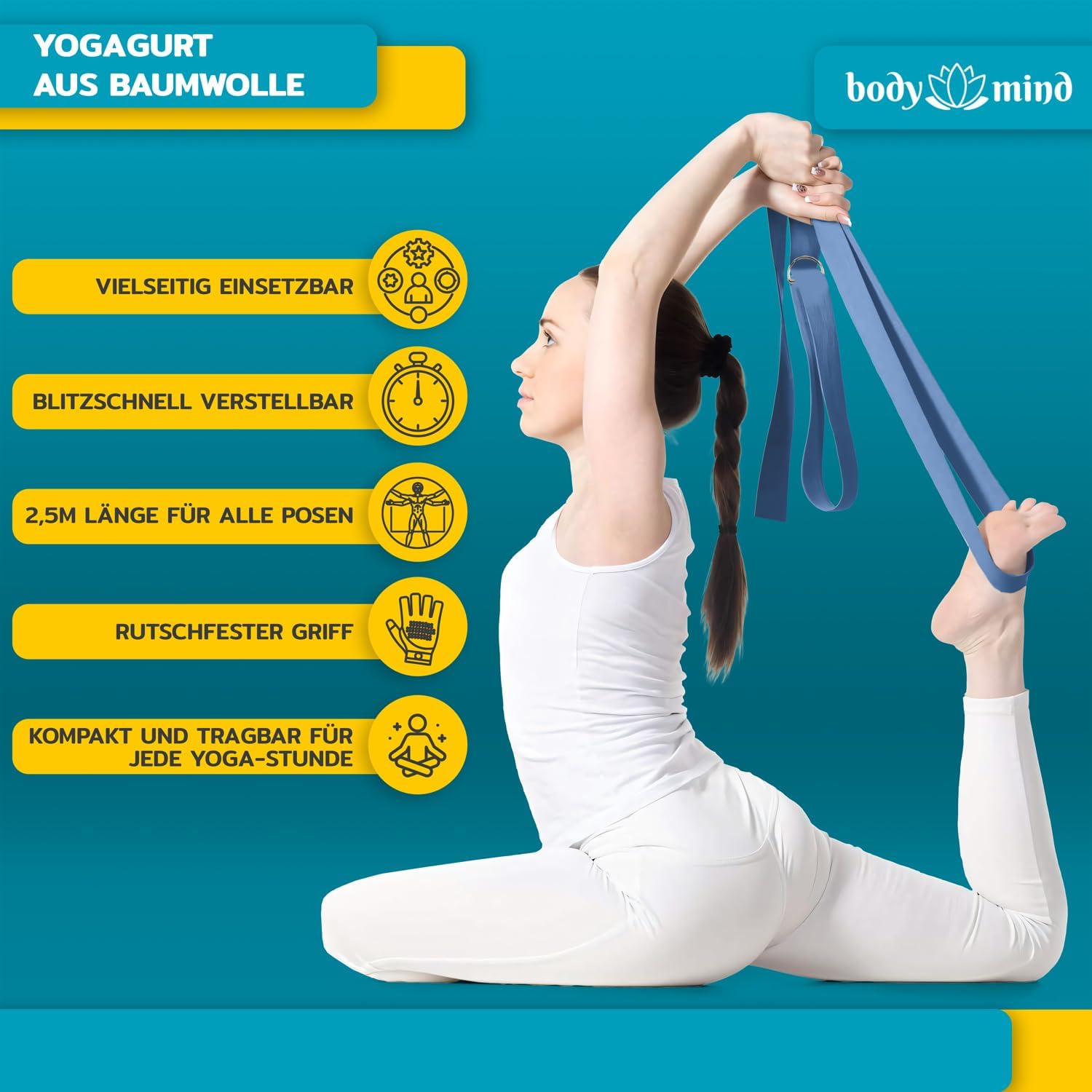 Yoga Gurt 250 cm mit Metall-D-Ring - Rutschfest & Langlebig