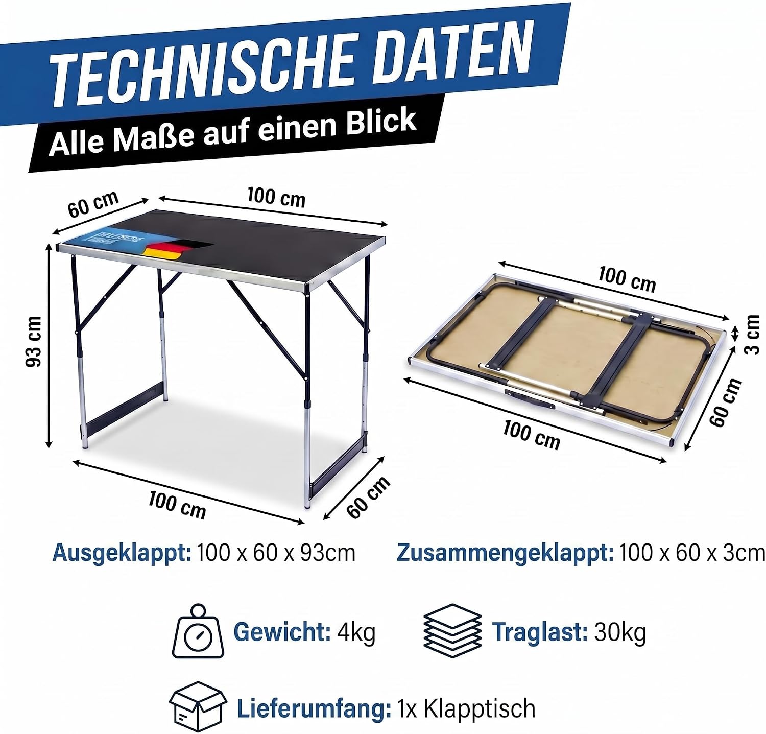 Multifunktionstisch 100x60cm höhenverstellbar – Stabiler Klapptisch
