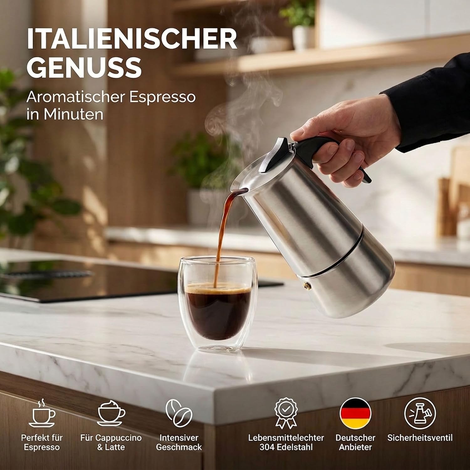 Coffee Fox Espressokocher Edelstahl – 4 Tassen Induktionskanne
