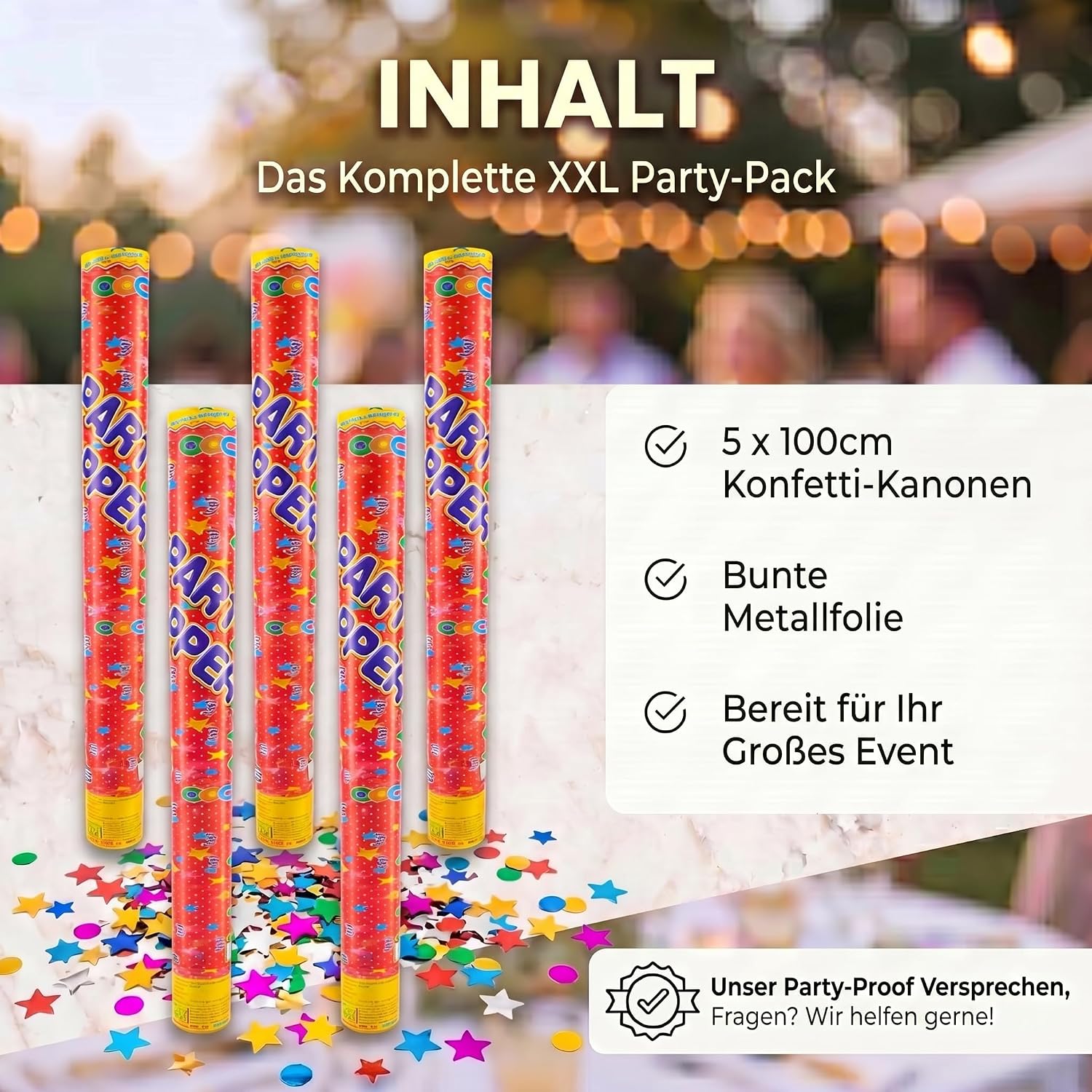 10x Konfettikanone XXL 100 cm – Bunte Sterne Party Popper