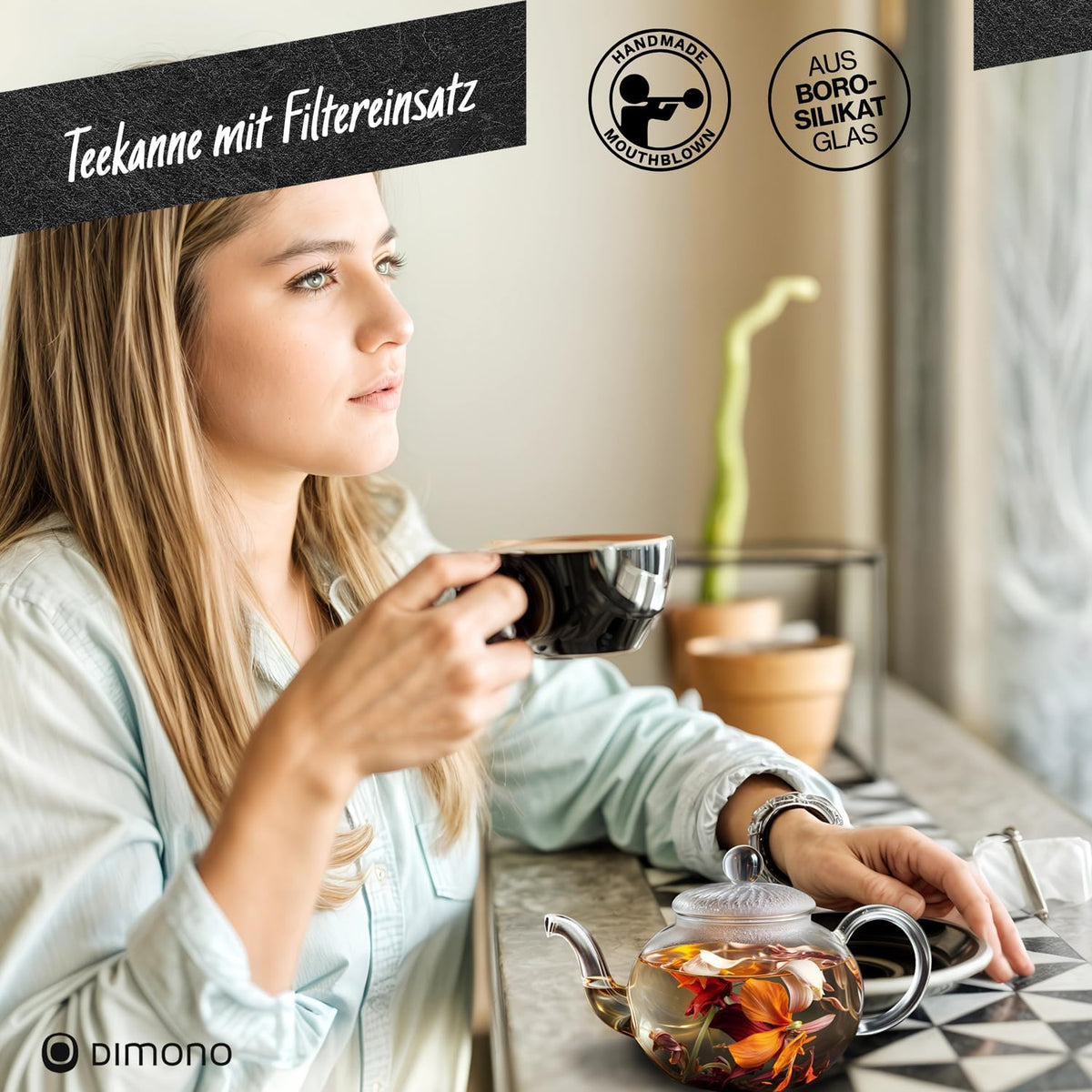 Dimono Teekanne 1500 ml aus Borosilikatglas mit feinem Teesieb