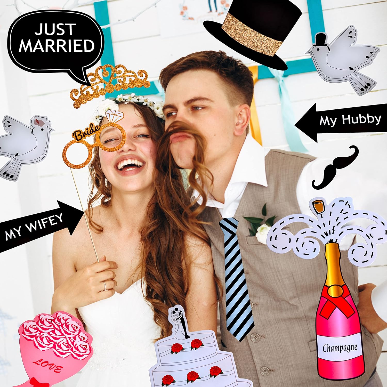 Fotobox Requisiten Hochzeit - 53-tlg. Foto-Set für Party & Selfie