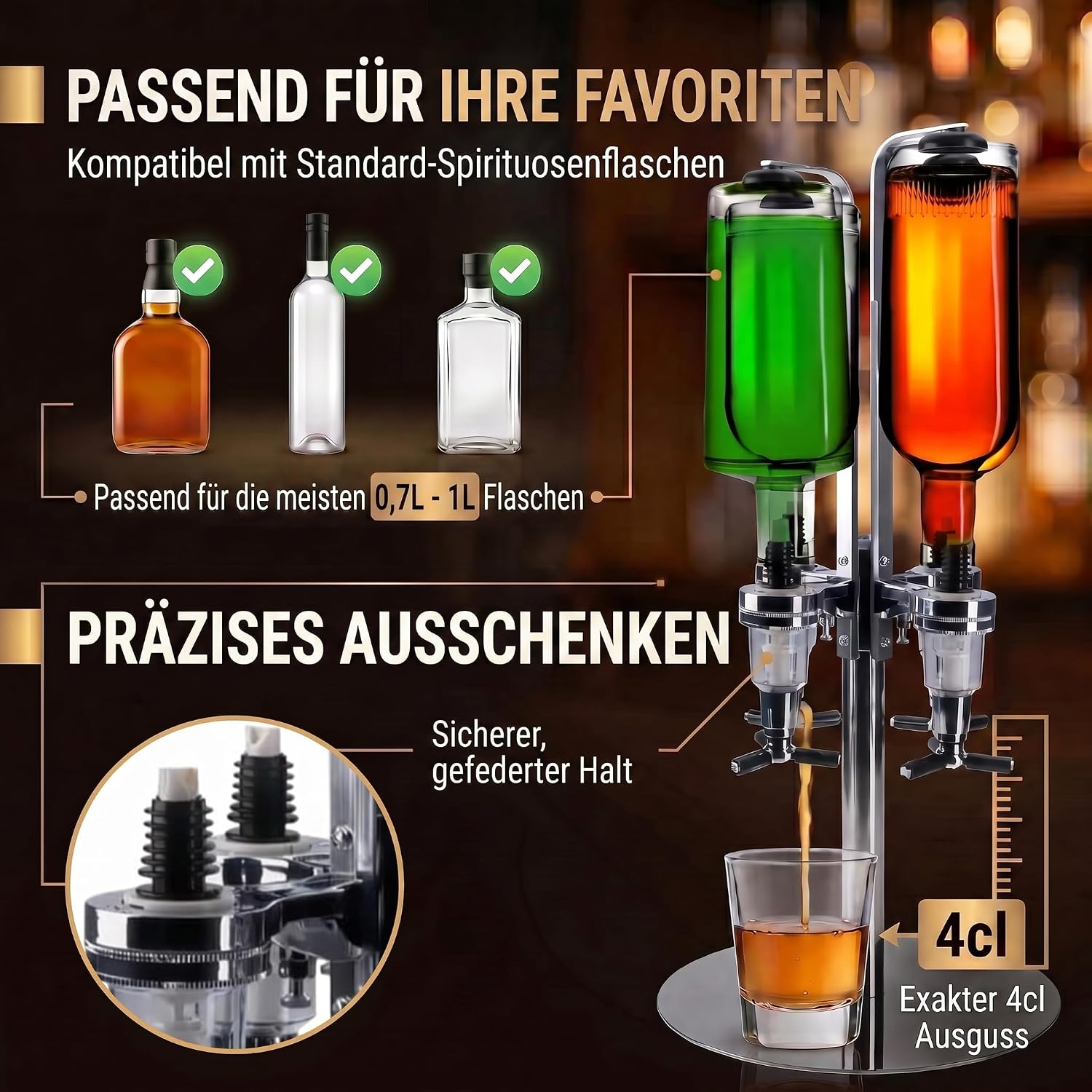 4-fach Wand-Spirituosenspender - Hochwertiger Bar-Butler & Portionierer