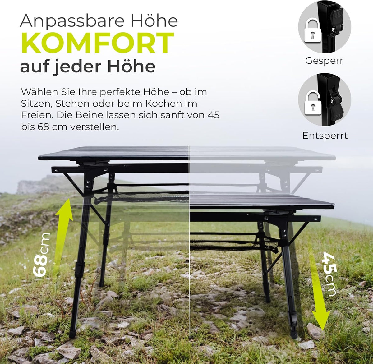 Faltbarer Campingtisch aus Aluminium mit Rollplatte & Tasche