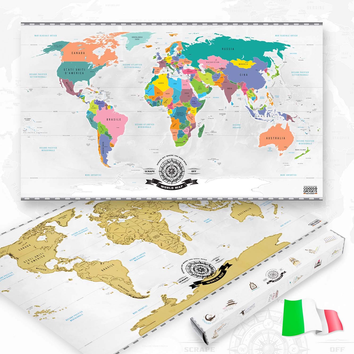 Italienische Rubbelweltkarte – Große Weltkarte zum Freirubbeln