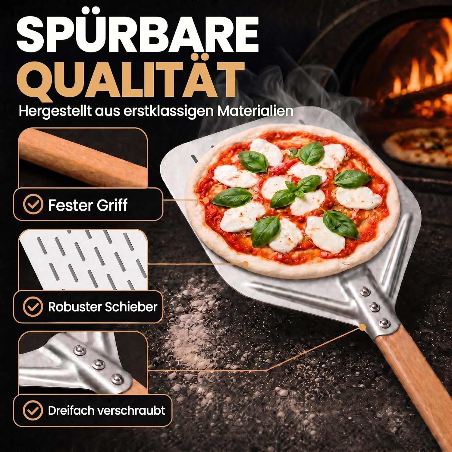 Klappbare Pizzaschaufel mit Holzgriff & Aluminium-Schaufel
