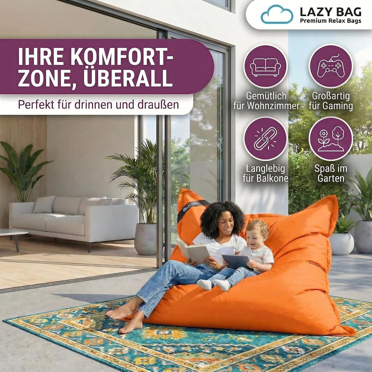 LazyBag Outdoor Sitzsack Junior – Wasserfestes Sitzkissen für Kinder #Farbe_Orange