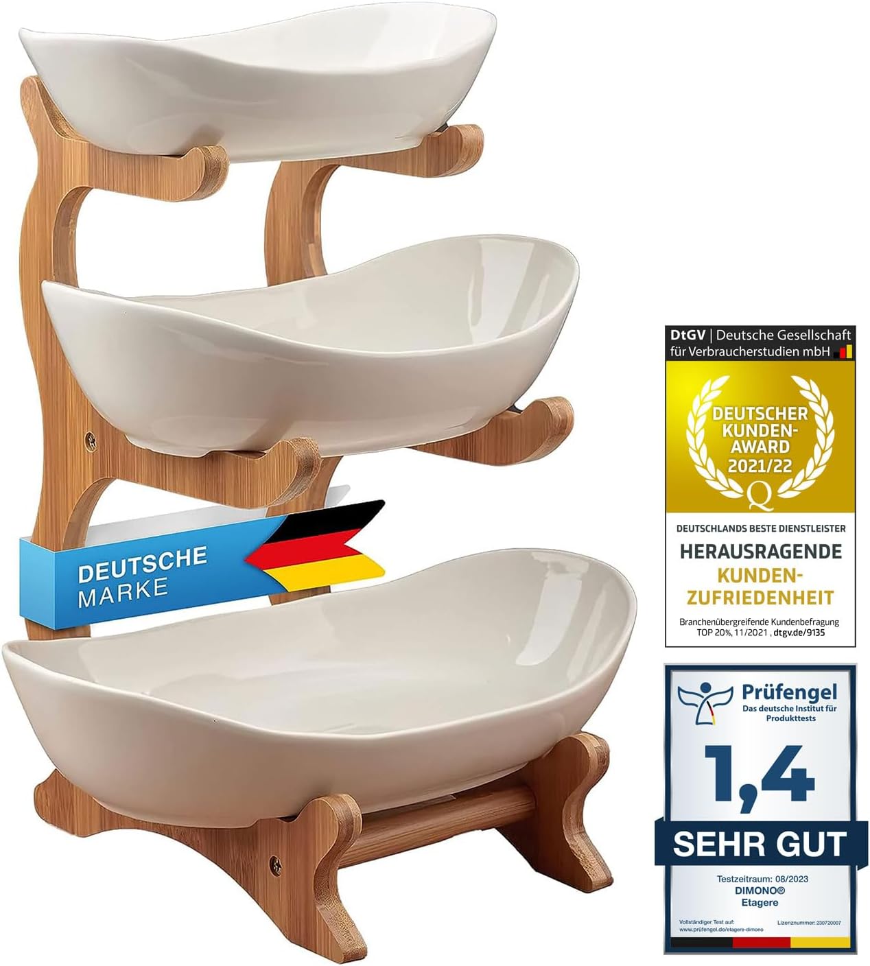 Luxus 3-stöckige Keramik-Etagere - Obstkorb & Servierständer aus Bambus