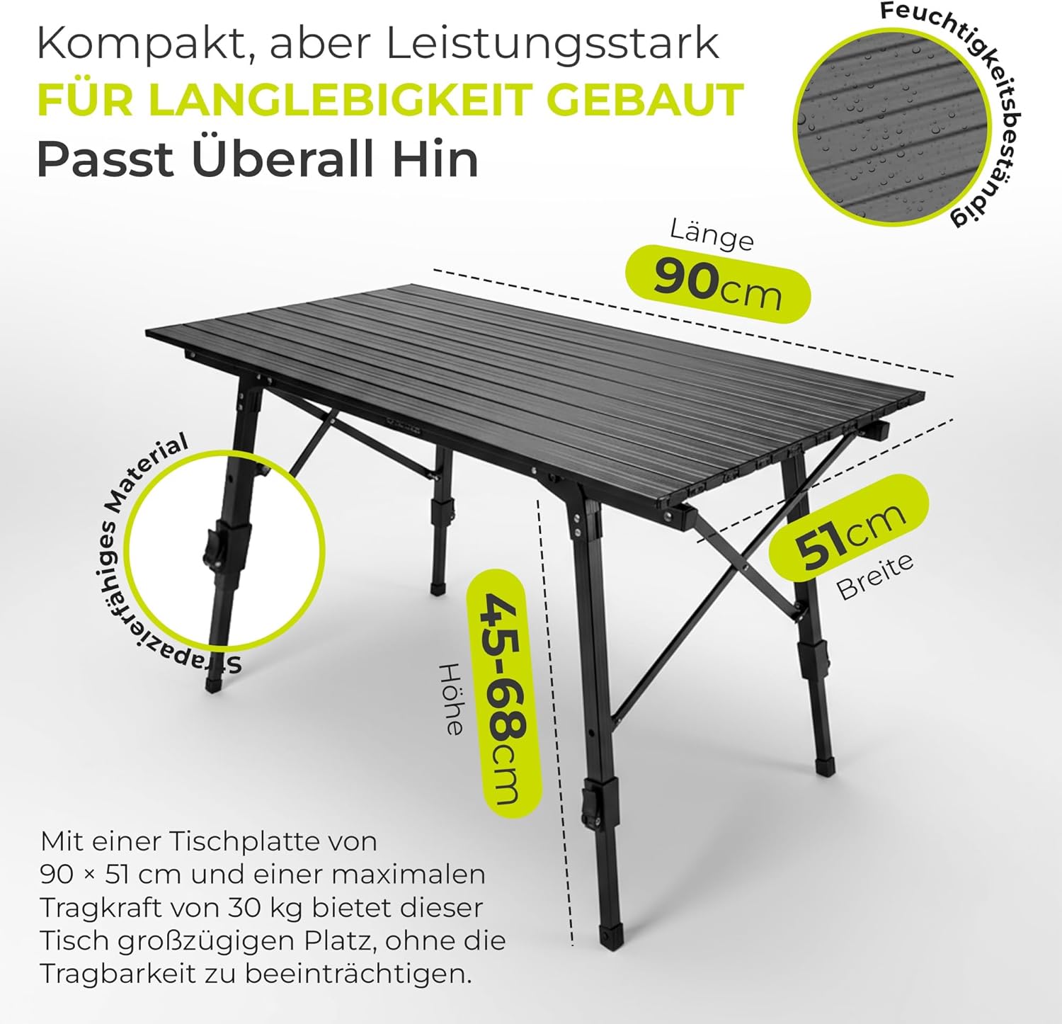 Klappbarer, höhenverstellbarer Campingtisch aus Metall mit Maßen und Produktmerkmalen.