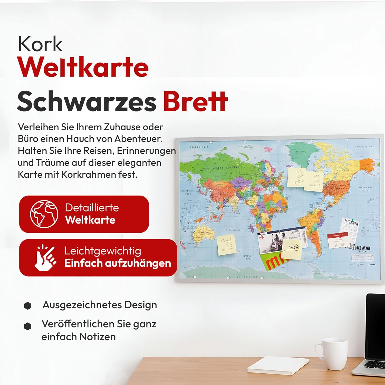 Weltkarte Pinnwand 90x60 cm Kork - Memoboard mit Markierungsfähnchen