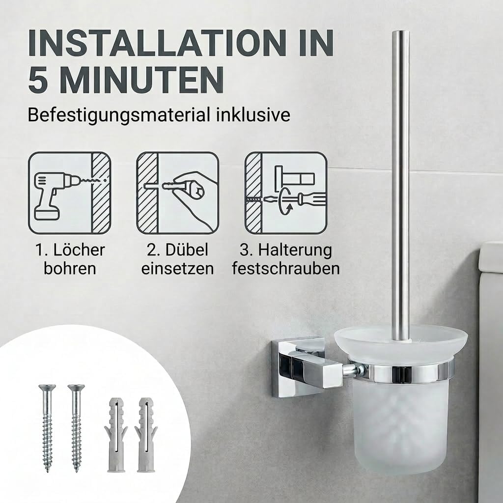 Edelstahl WC-Garnitur mit Chrom-Halter & Glas-Behälter