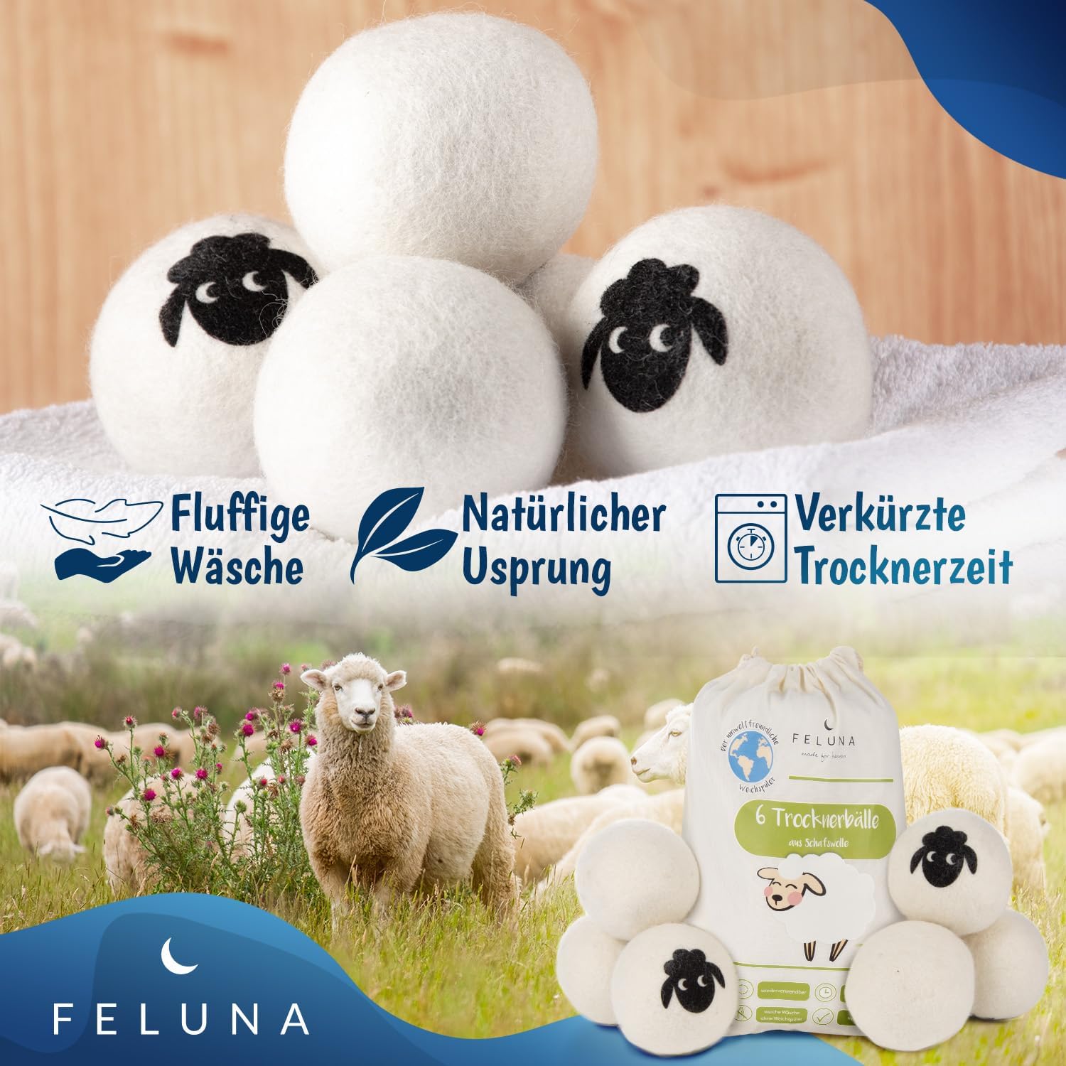 Trocknerbälle 6er Set - 100% Schafwolle für weiche Wäsche