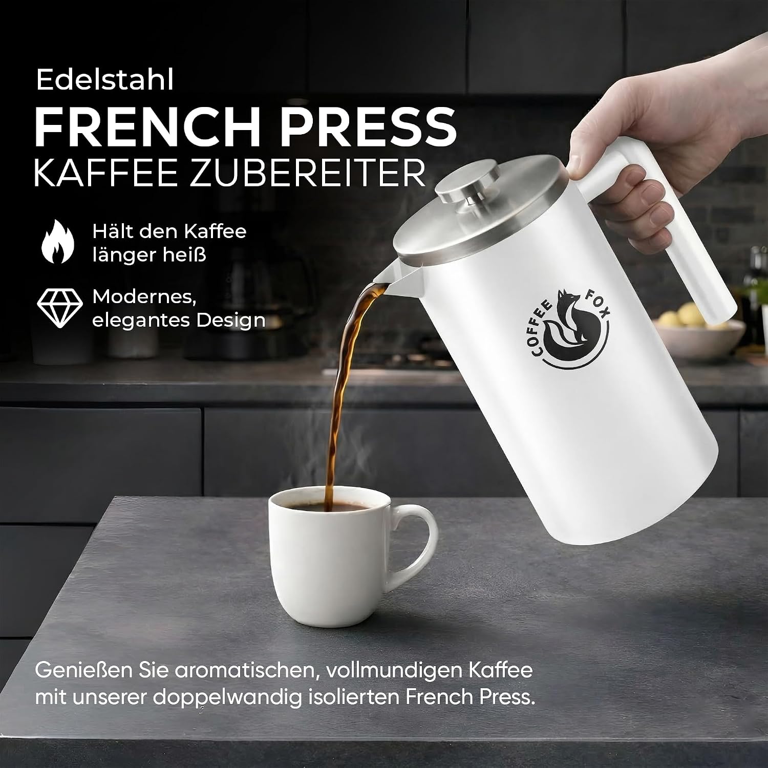 Coffee Fox French Press 1000ml – Doppelwandige Edelstahl Kaffeekanne