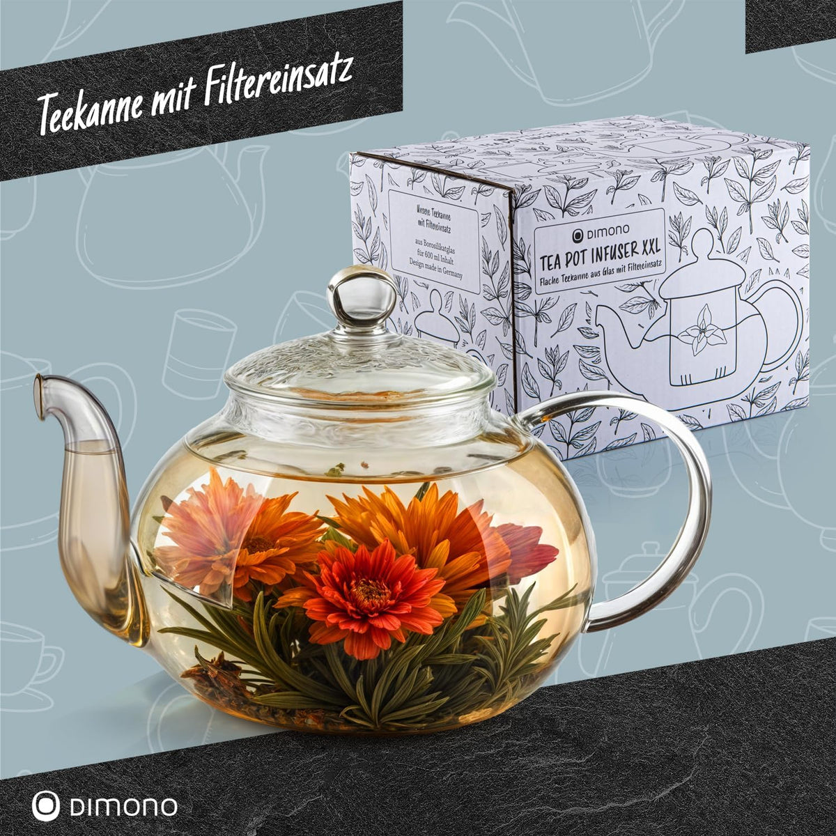 Dimono Teekanne 1500 ml aus Borosilikatglas mit feinem Teesieb