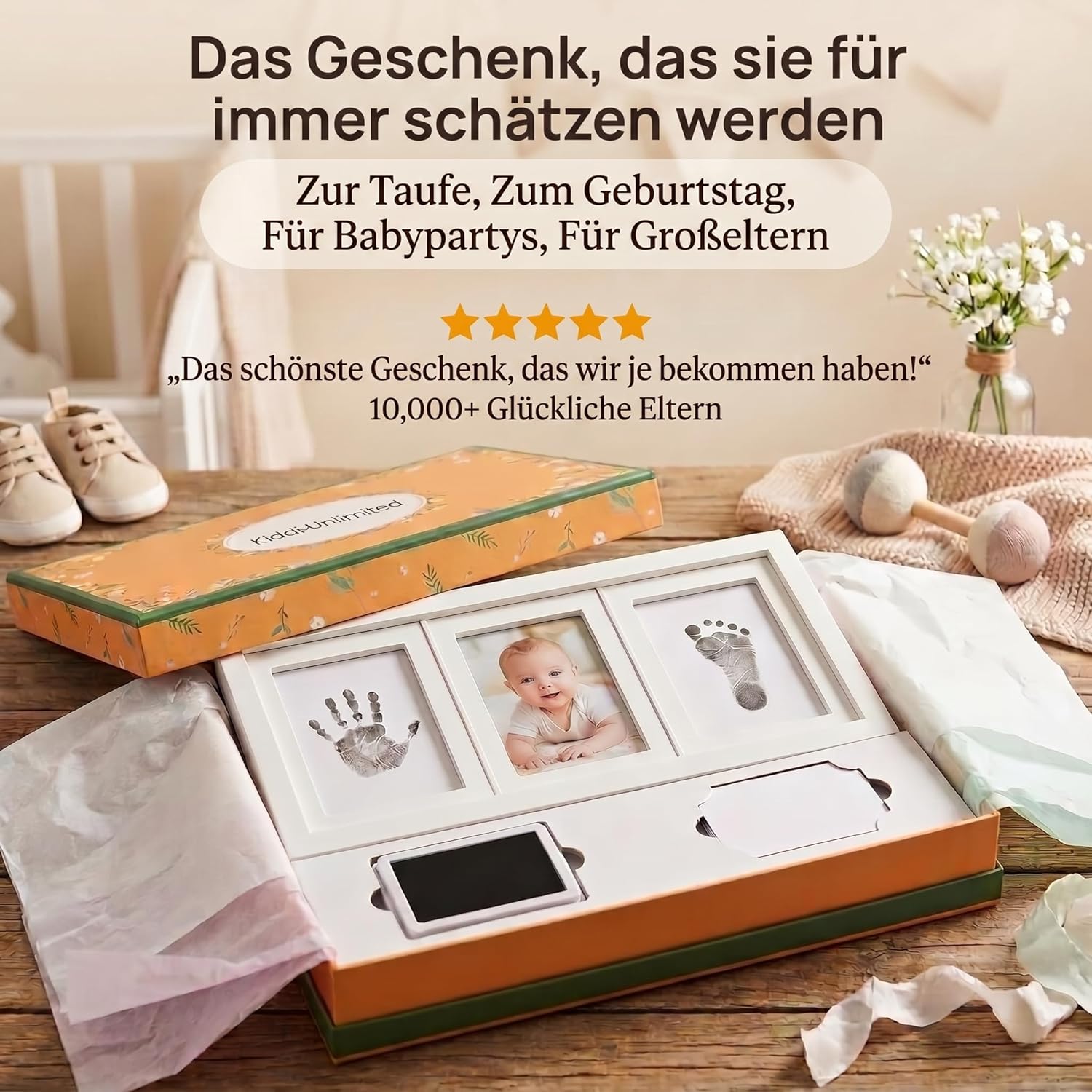 Baby Abdruckset mit Bilderrahmen - Holz-Rahmen für Hand & Fuß