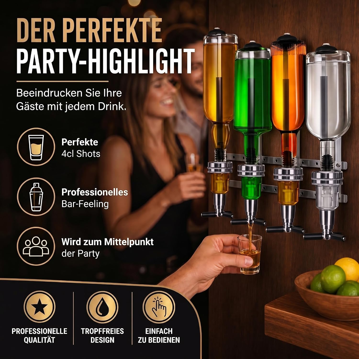 4-fach Wand-Spirituosenspender - Hochwertiger Bar-Butler & Portionierer