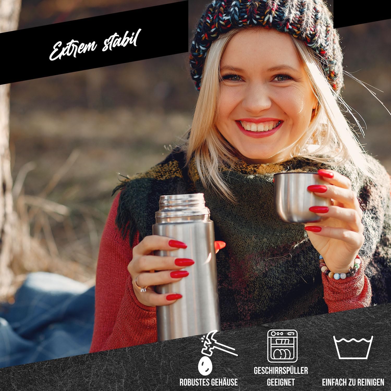 Edelstahl Thermoskanne 1L - Auslaufsichere Isolierflasche 12h heiß