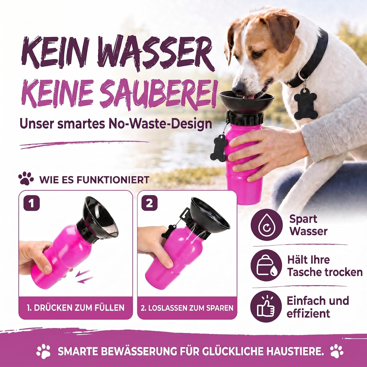 Hunde-Trinkflasche 600ml mit Napf – Auslaufsicher für Unterwegs