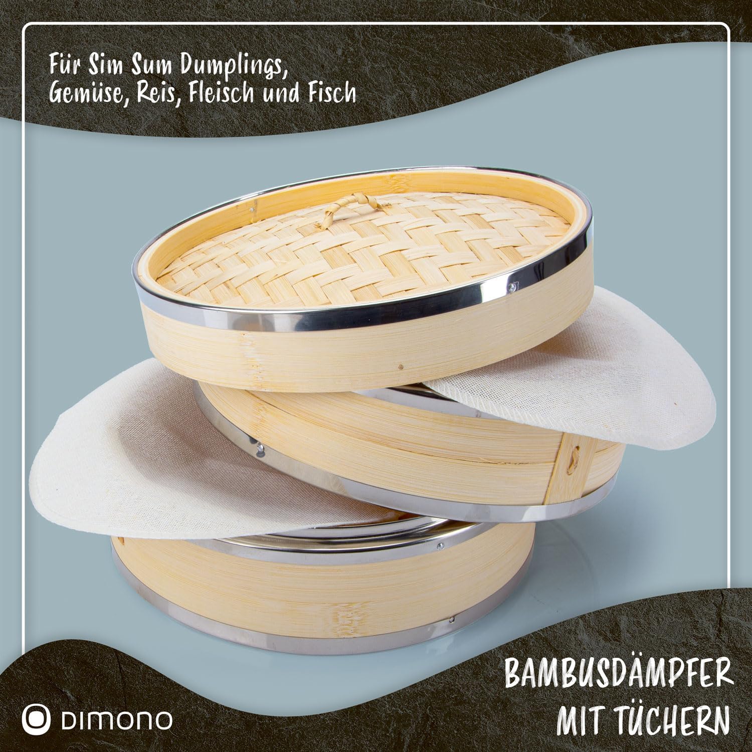 Bambus Dampfgarer 20cm - 2 Etagen Asia-Dampfkorb mit Edelstahl-Ring