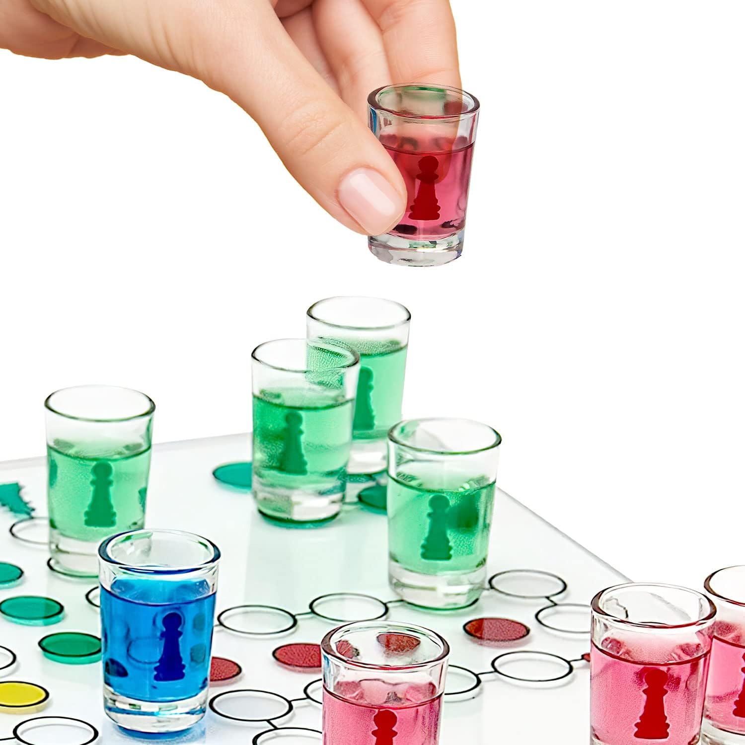 Ludo Trinkspiel aus Glas mit 16 Shotgläsern für Partyspaß
