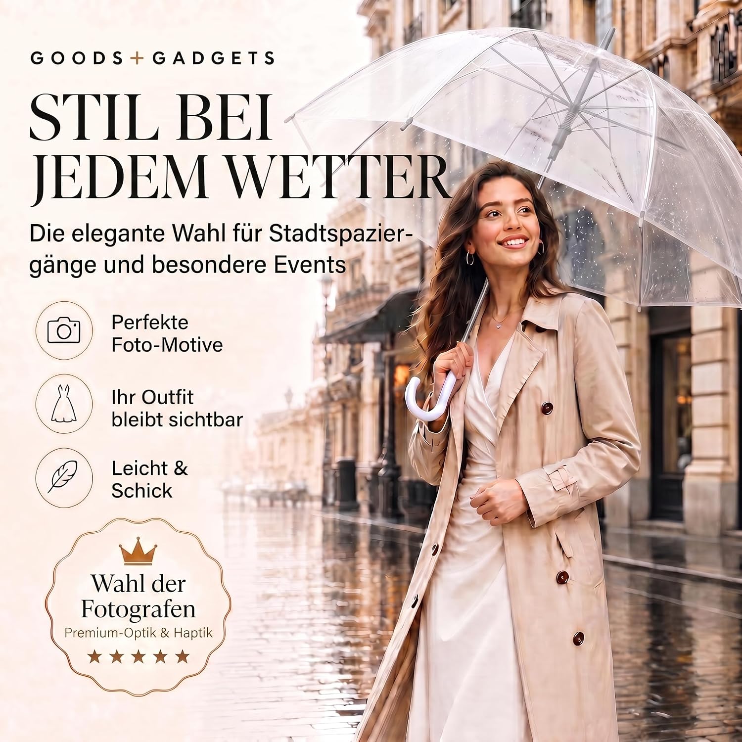 Transparenter Regenschirm 100cm - Durchsichtiger Stockschirm Elegant