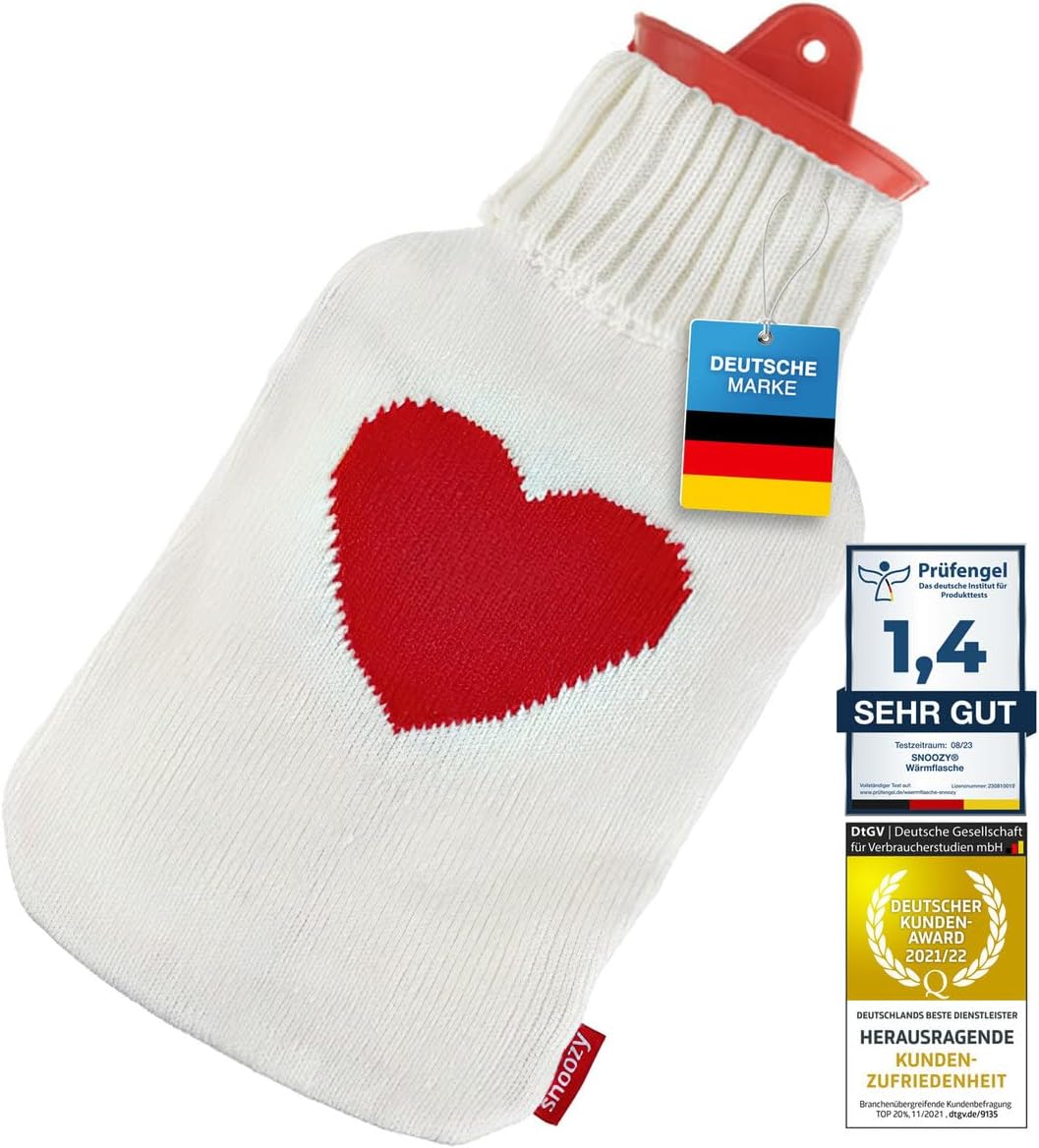 Snoozy 2L Wärmflasche mit Herz-Bezug - XXL Wärmebeutel aus Naturkautschuk