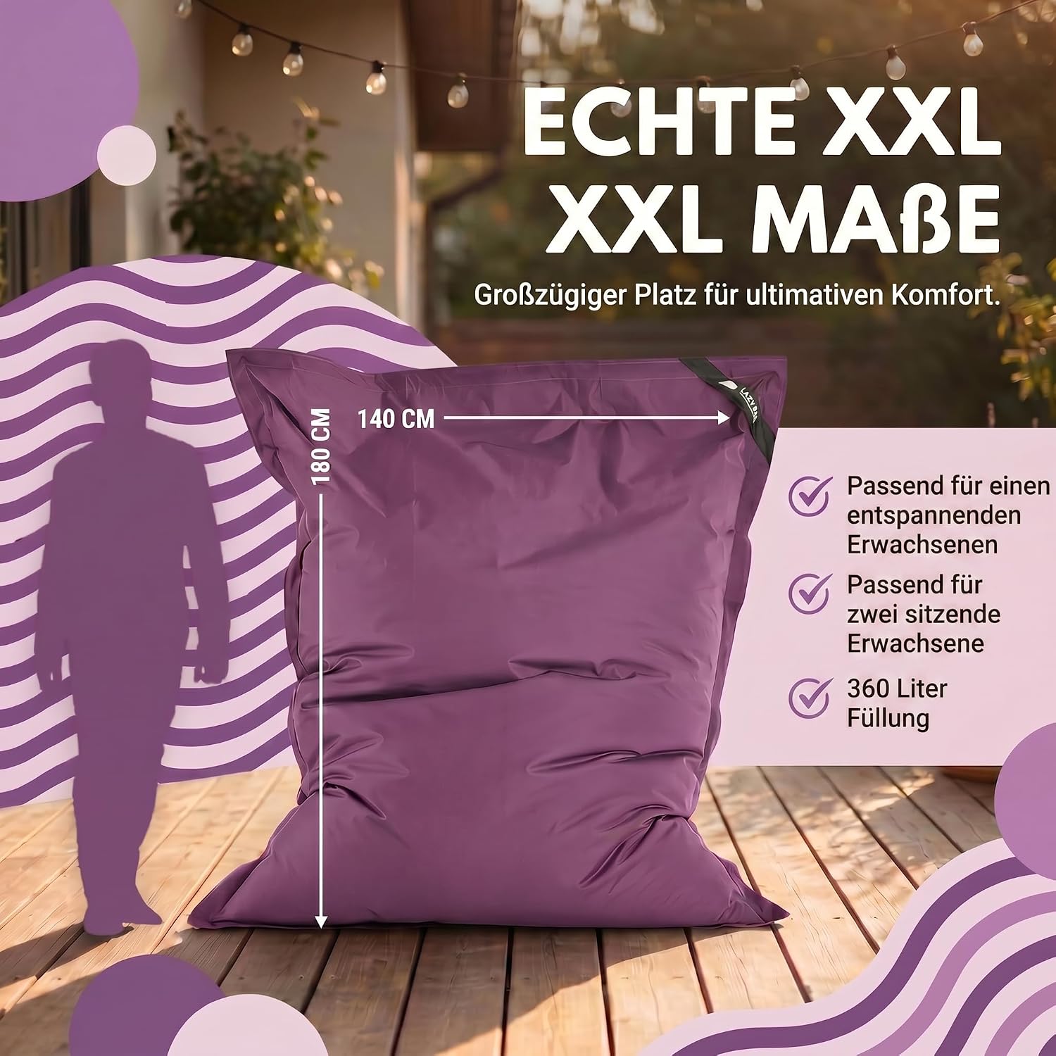 LazyBag XXL Sitzsack - Wasserfestes Outdoor Sitzkissen 180x140 cm