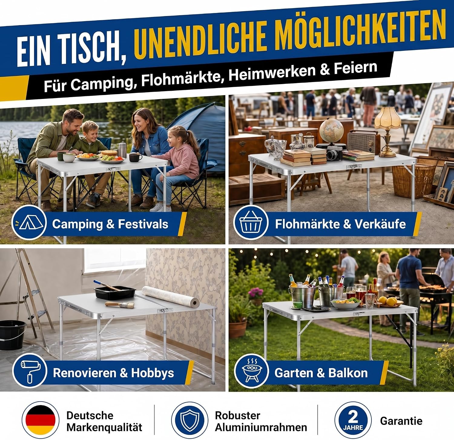 Klapptisch 120x60cm - Höhenverstellbarer Campingtisch Faltbar