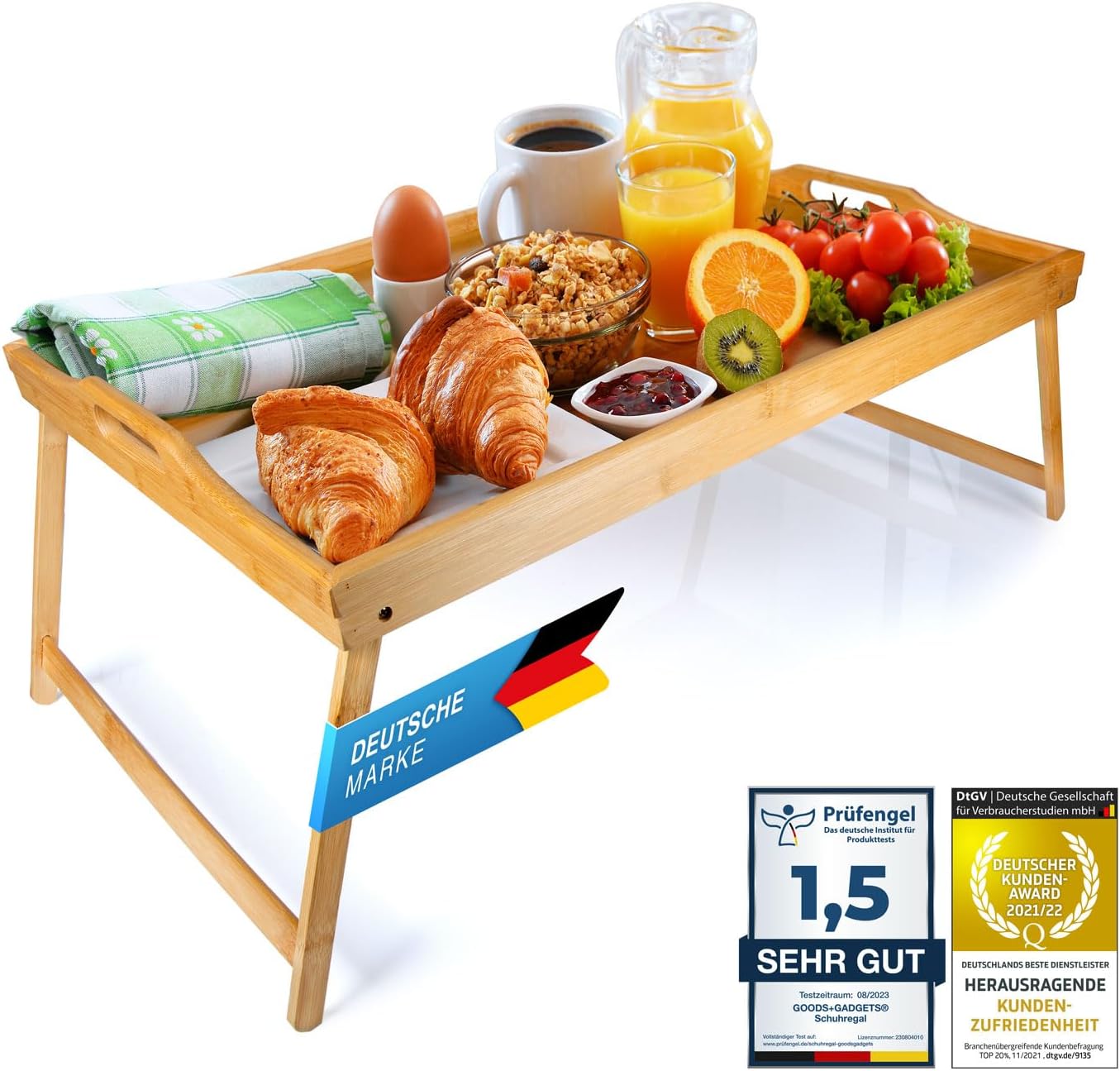 Klappbares Serviertablett aus Bambus für Frühstück im Bett