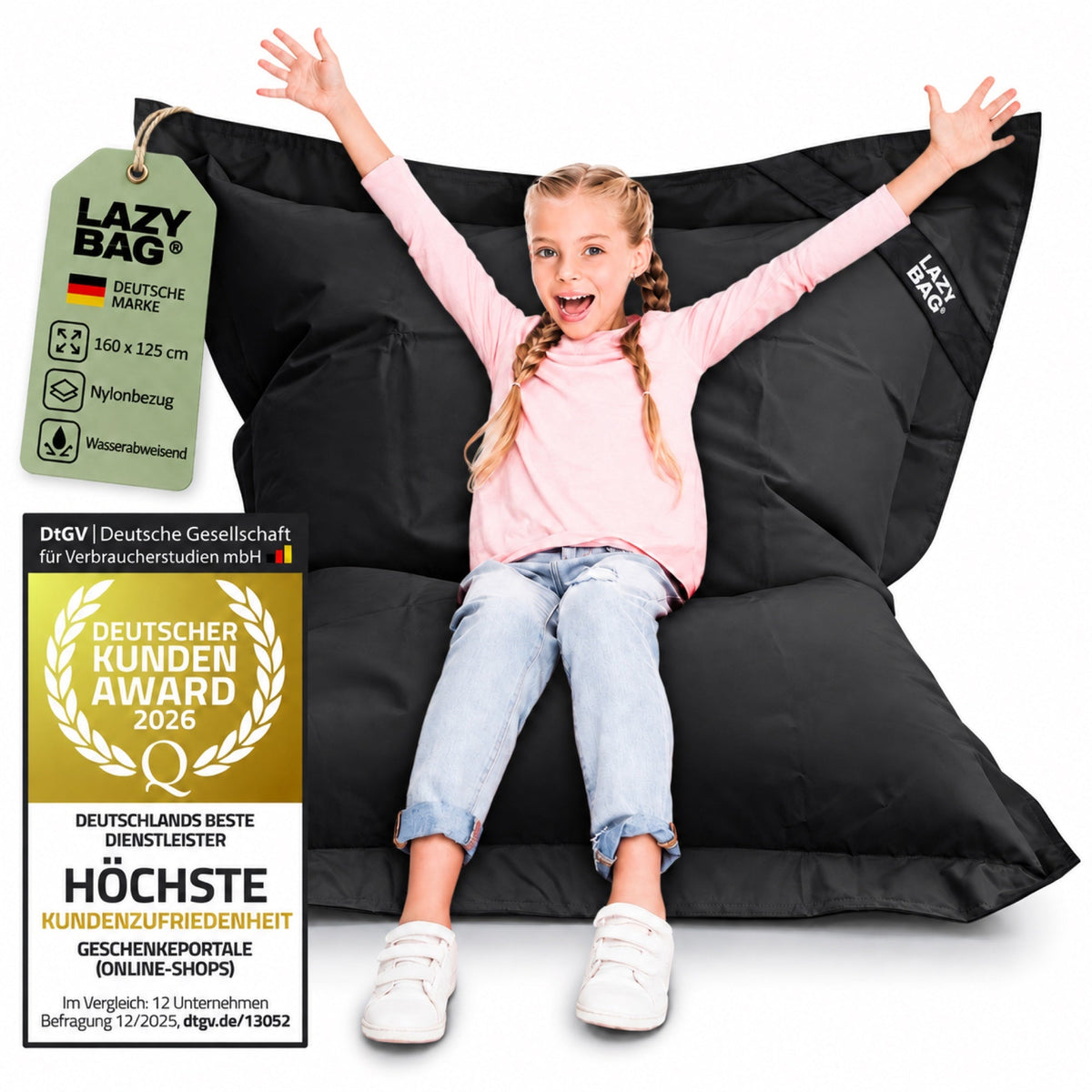 LazyBag Outdoor Sitzsack Junior – Wasserfestes Sitzkissen für Kinder #Farbe_Schwarz
