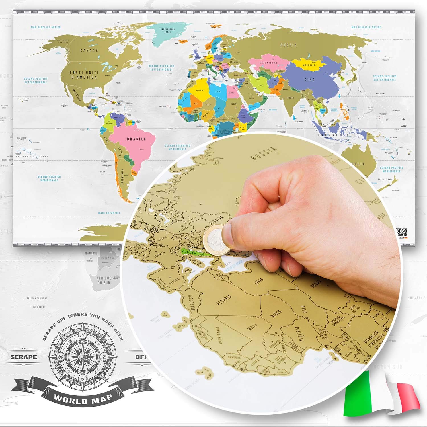 Italienische Rubbelweltkarte – Große Weltkarte zum Freirubbeln