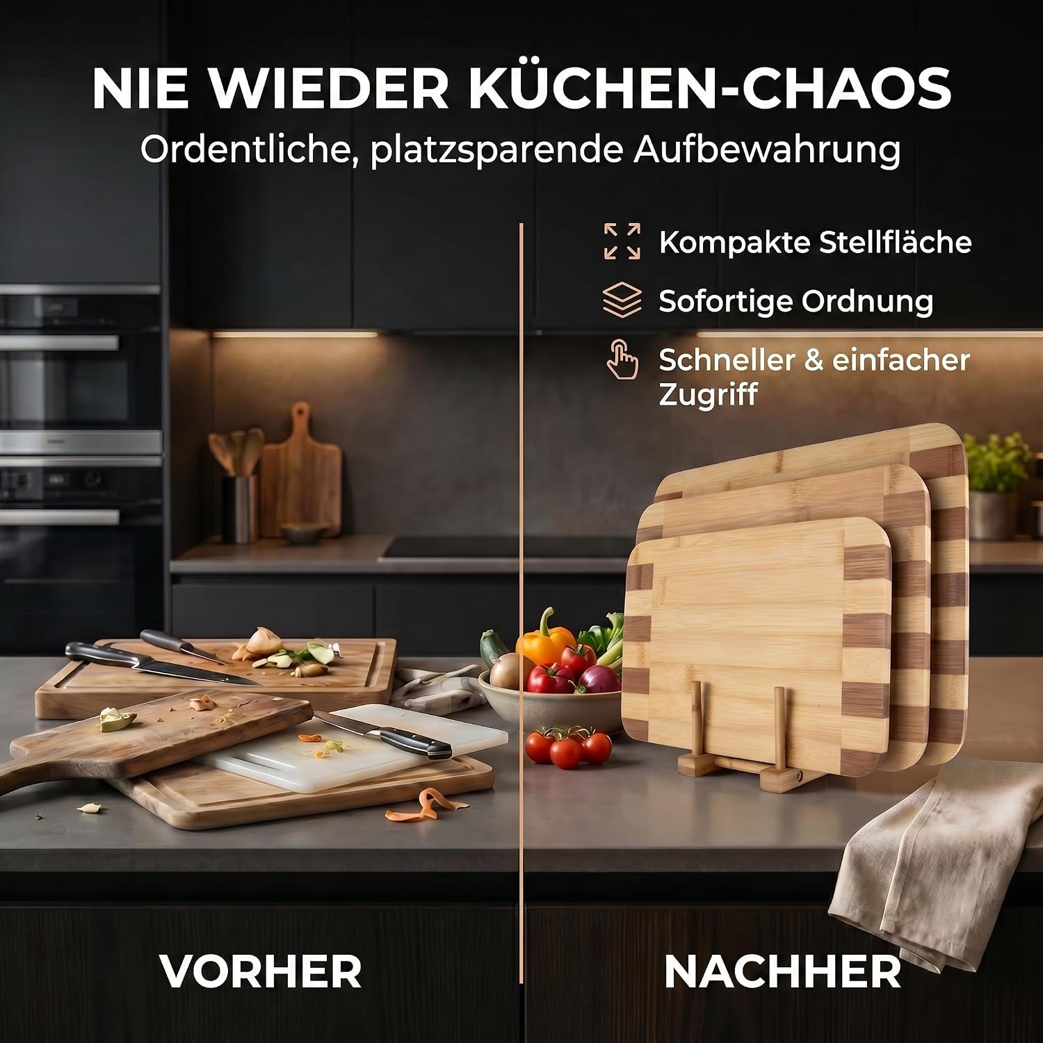 Bambus-Schneidebrett 3er Set mit Ständer – Robust & Klingenschonend