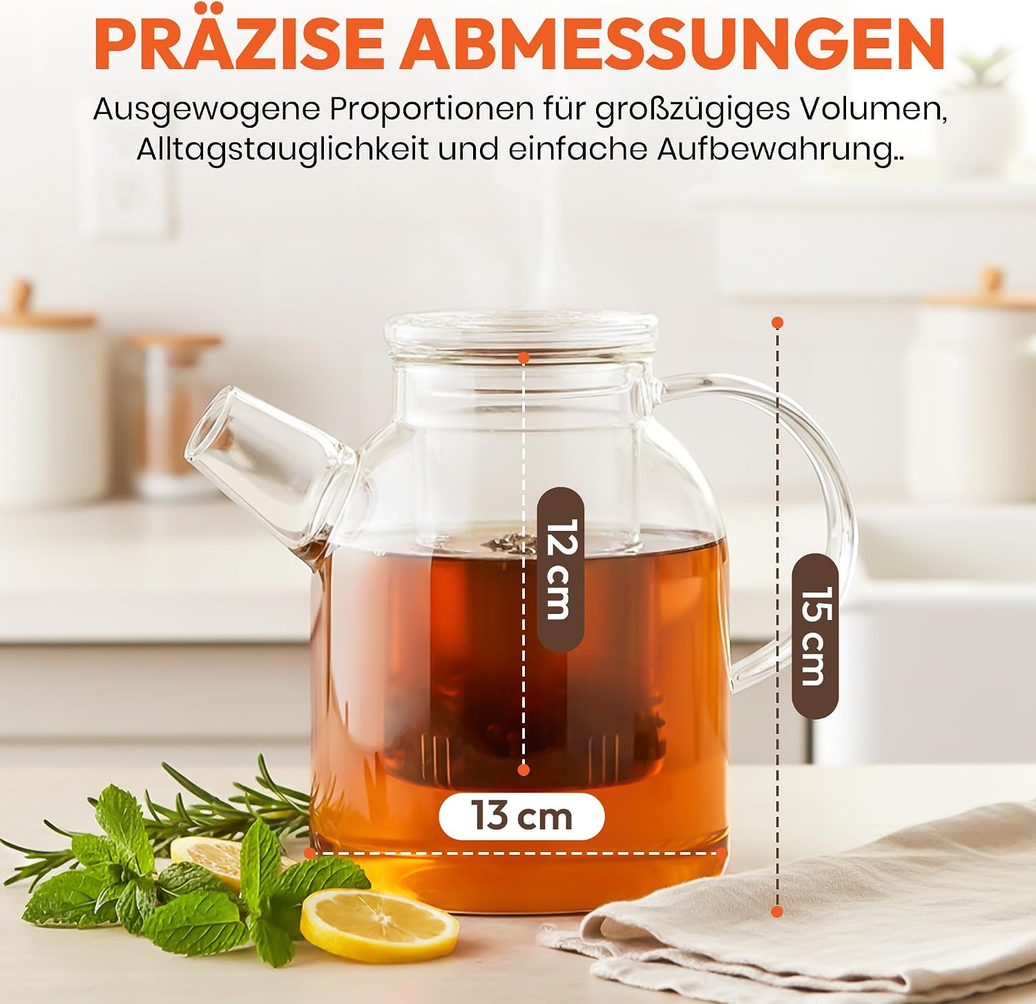 Dimono XXL Teekanne 1500ml - Mundgeblasene Glasteekanne mit Sieb