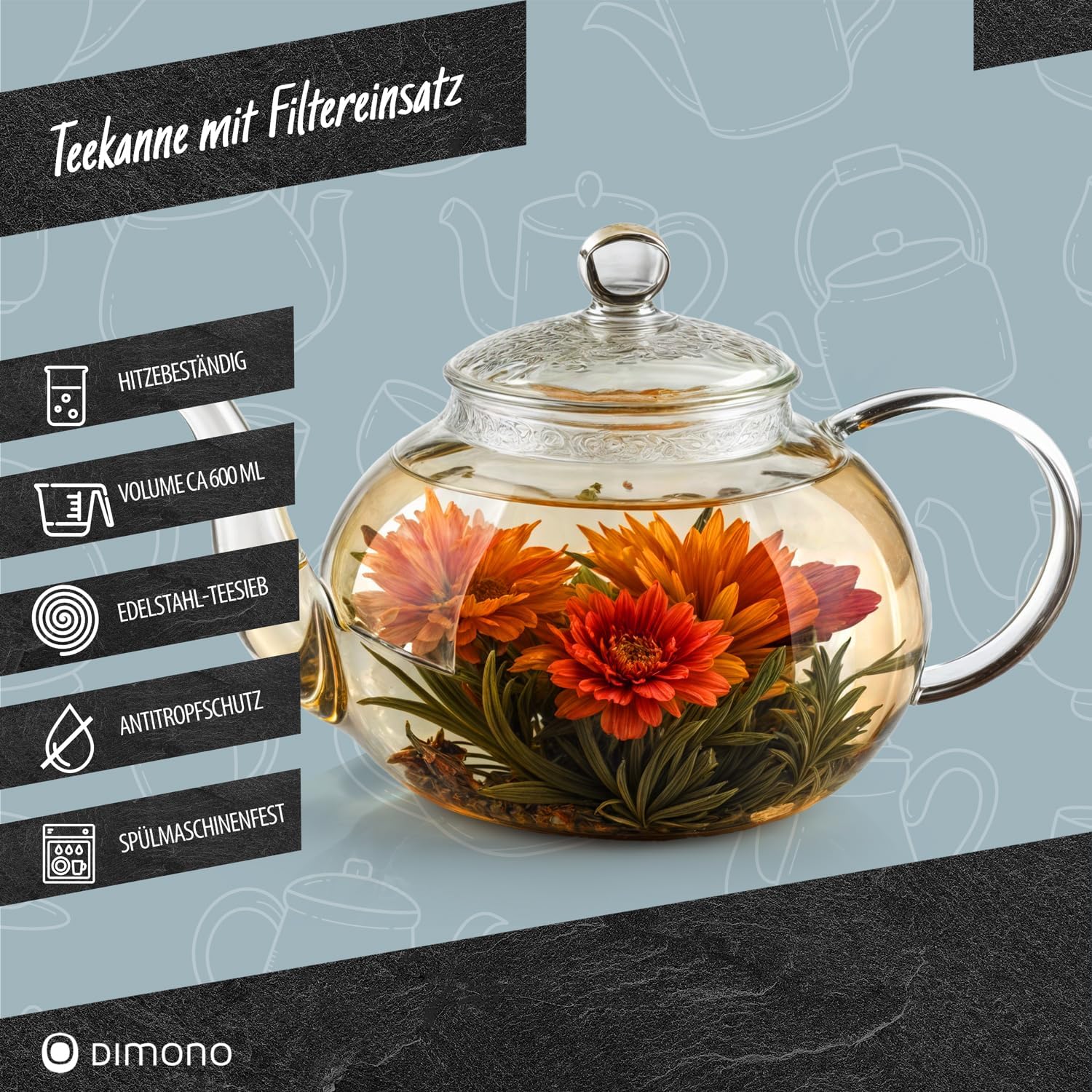 Dimono Teekanne 1500 ml aus Borosilikatglas mit feinem Teesieb