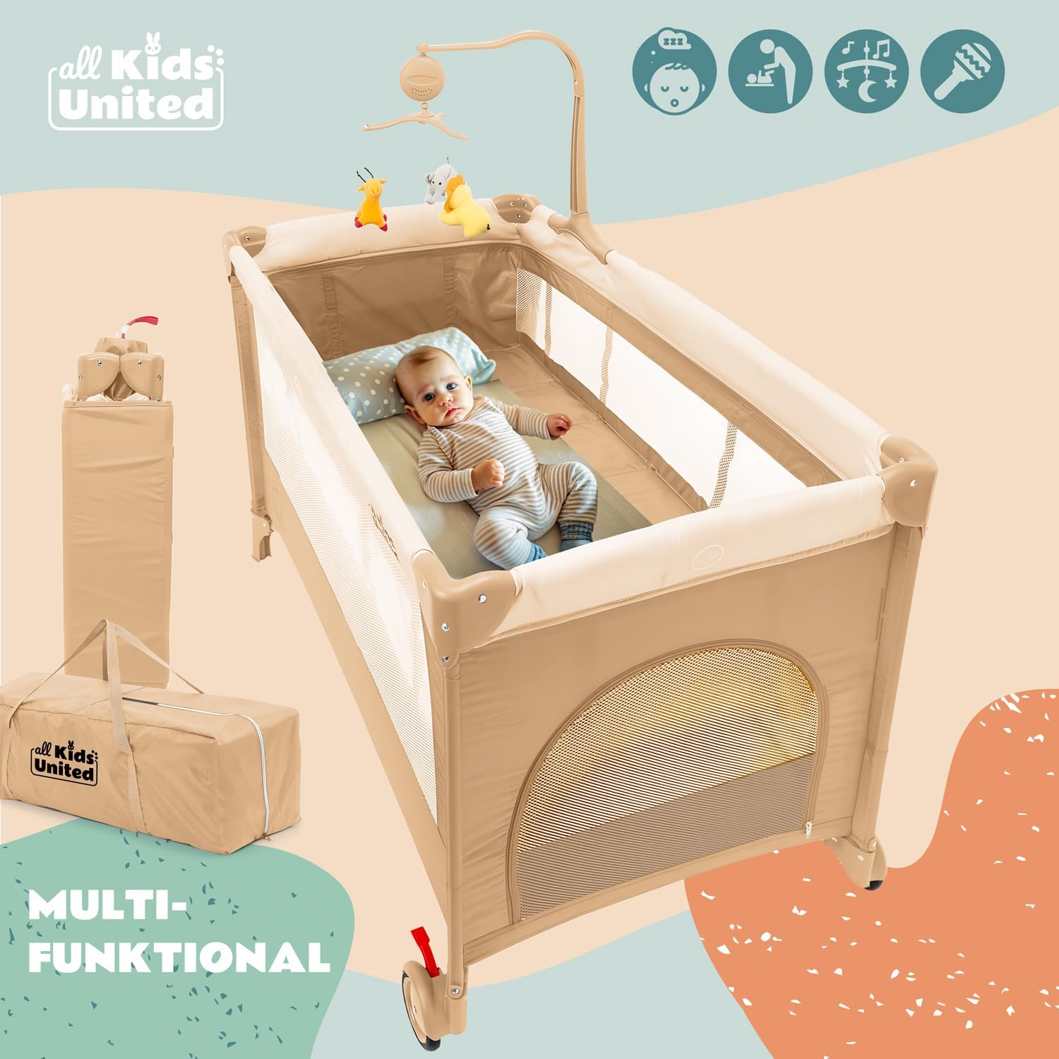 Baby Reisebett mit Wickelauflage & Mobile - Faltbar & Kompakt