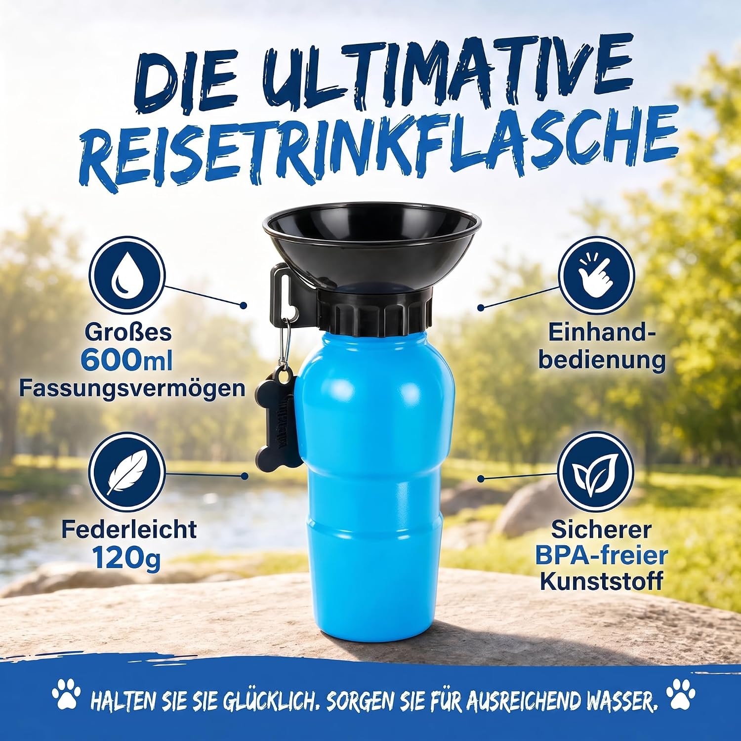 Hunde-Trinkflasche 600ml mit Napf – Auslaufsicher für Unterwegs