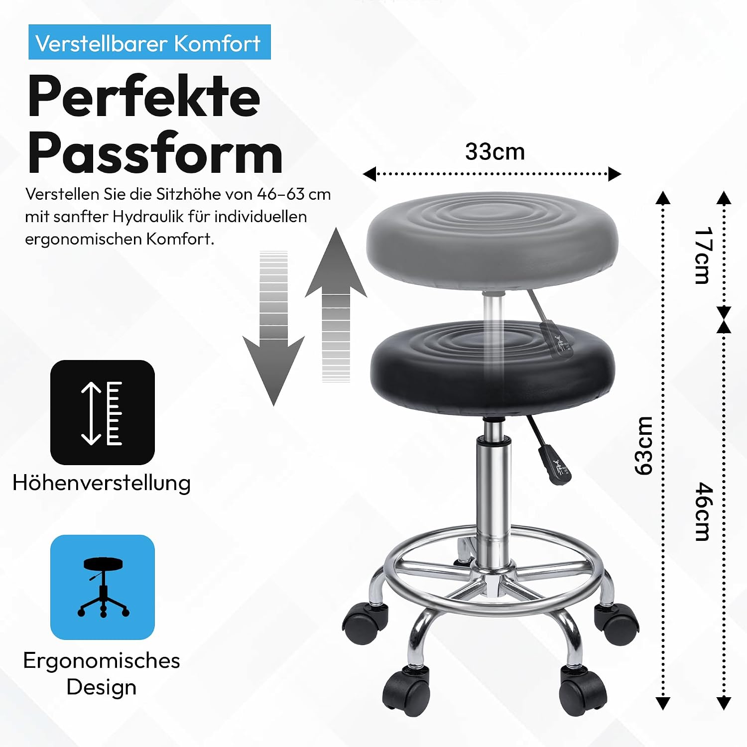 Ergonomischer Rollhocker - Drehbarer Arbeitshocker für Büro & Praxis