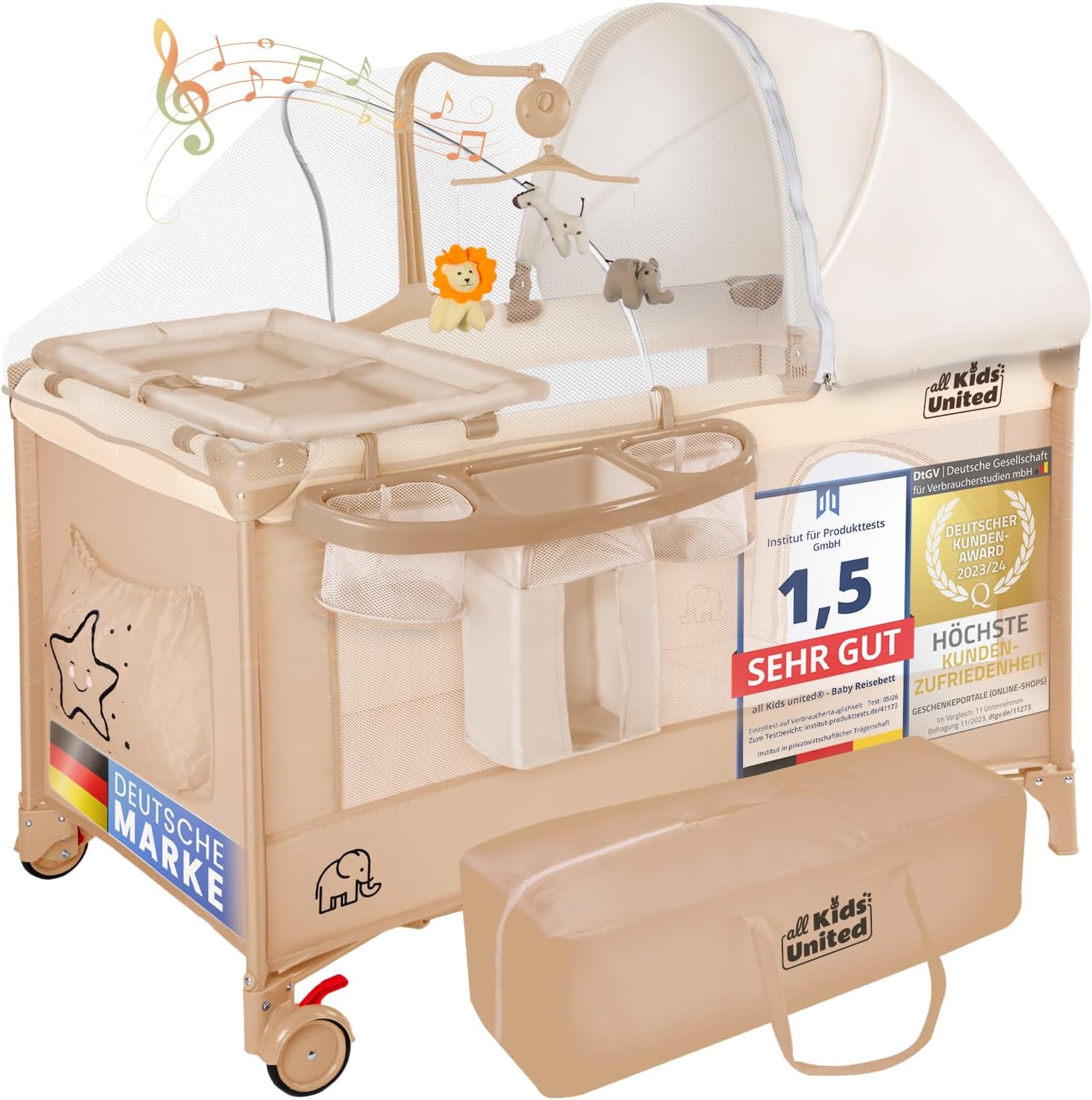 Baby Reisebett mit Wickelauflage & Mobile - Faltbar & Kompakt