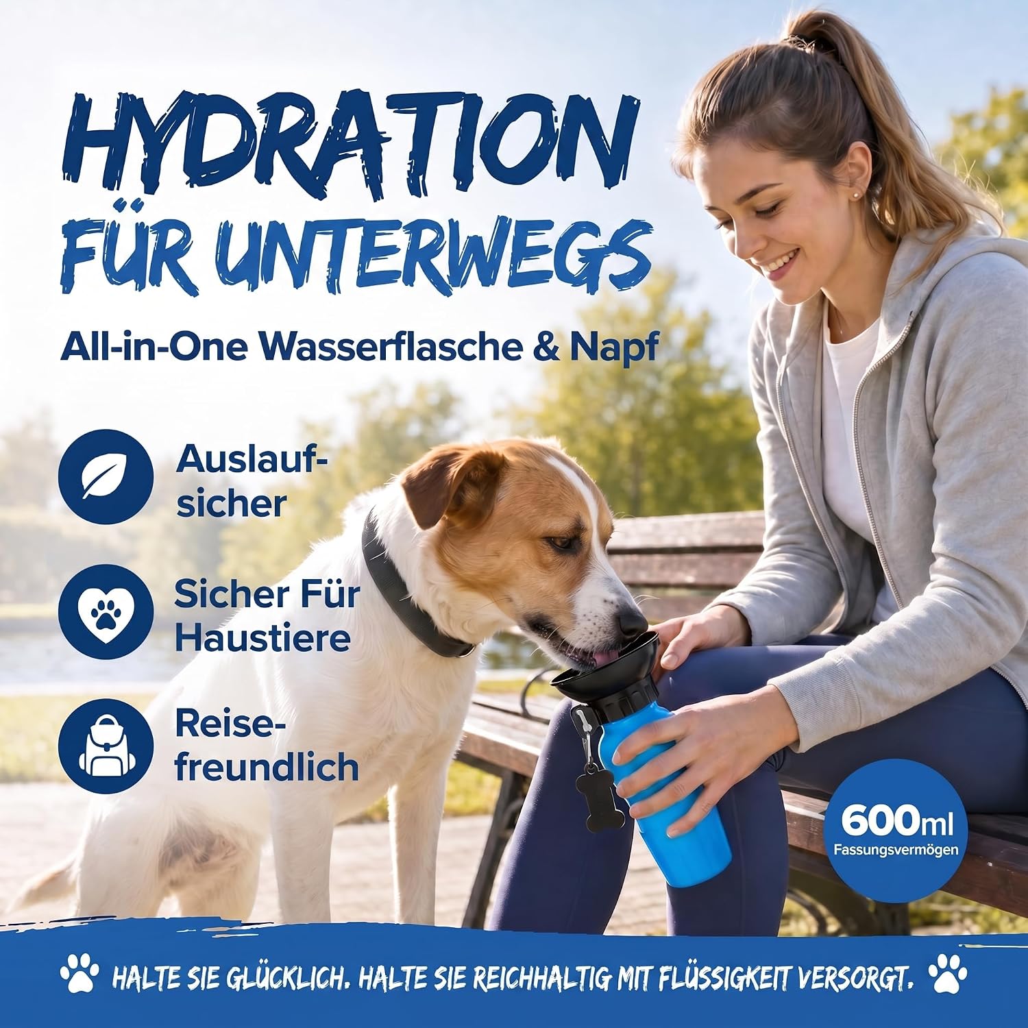 Hunde-Trinkflasche 600ml mit Napf – Auslaufsicher für Unterwegs