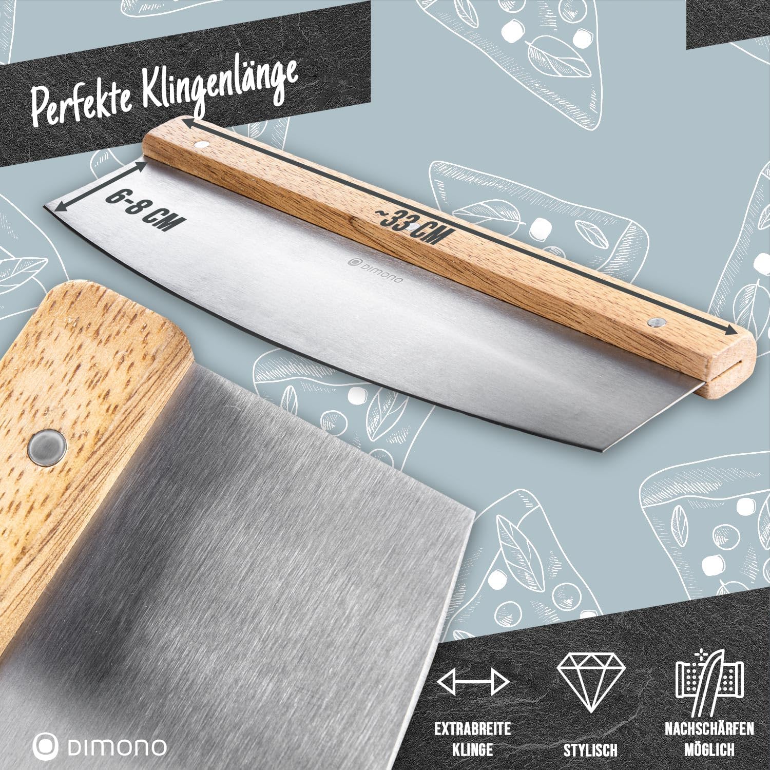 Profi Pizzaschneider Deluxe - 35 cm Wiegemesser Edelstahl & Holz