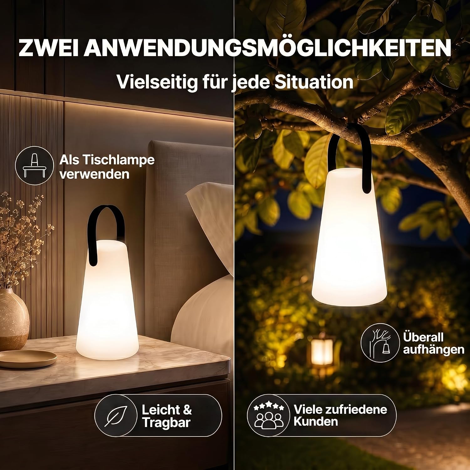 LED Outdoor Lampe mit Akku - Wasserfeste Tisch- & Hängeleuchte