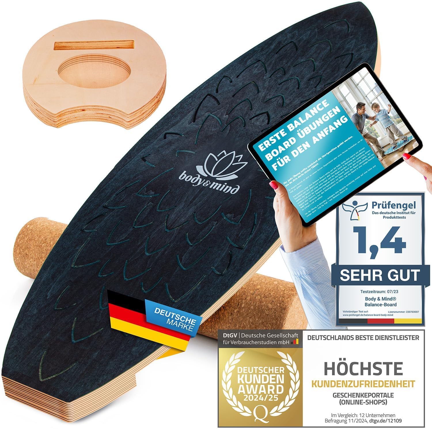 Balance-Board Surfbrett mit Korkrolle & Ständer – Fitness Board 80 cm