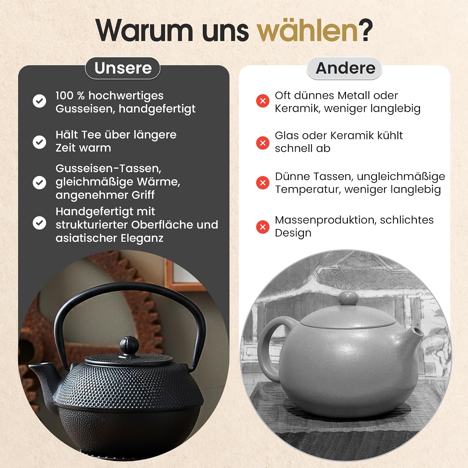 Teekanne aus Gusseisen 1,3l mit Sieb - Schwarz & Emailliert