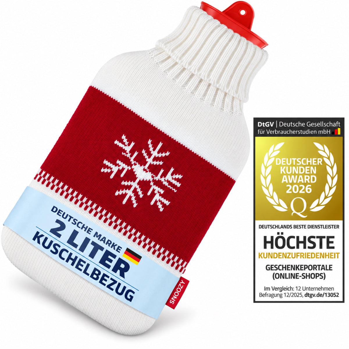 Snoozy Wärmflasche Schneeflocke, 2 Liter mit Kuschelbezug – Deutsche Marke, ohne Prüfengel, DtGV Kunden Award 2026 für Online-Shop-Kundenzufriedenheit