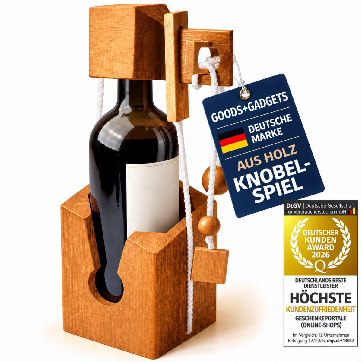 Flaschenpuzzle Holz mit angebrachtem Anhänger, Deutsche Marke und DtGV Kunden Award; ohne Prüfengel
