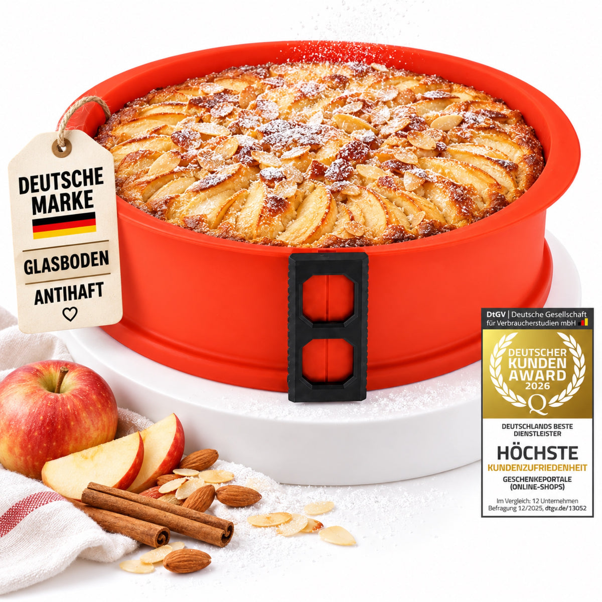 Rote Silikon-Springform mit Apfelkuchen, Glasboden, Deutsche Marke und Deutscher Kunden Award 2026