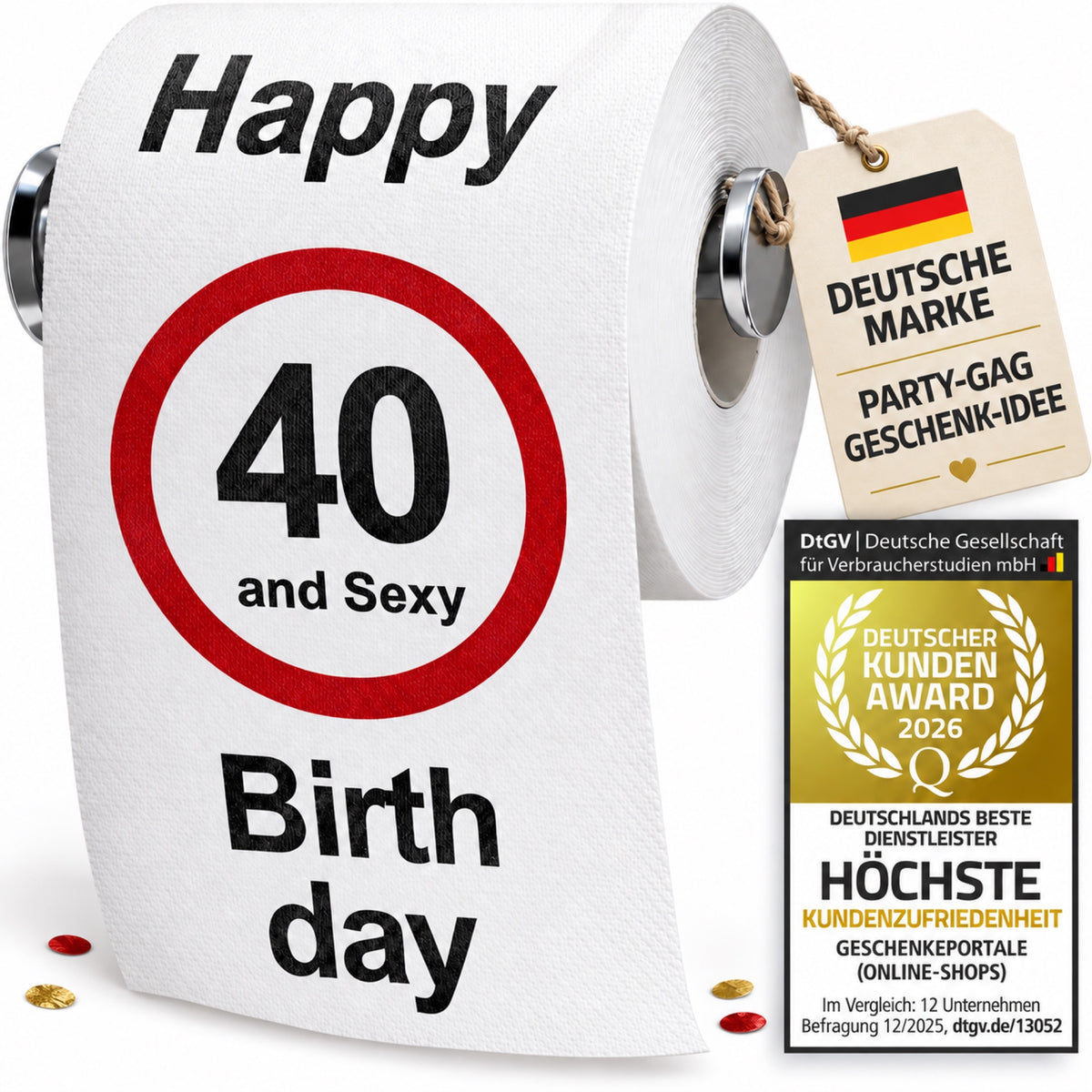 Geburtstagstoilettenpapier 40 – Happy and Sexy Birthday, Geschenkidee mit Deutsche-Marke-Anhänger